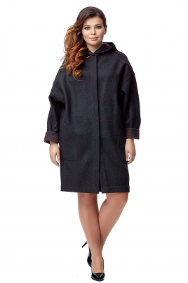 Черное женское пальто из текстиля с капюшоном
